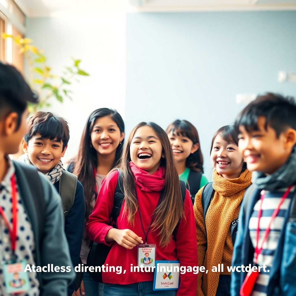 Demonstration of the multilingual capability in action with a diverse group of students. Caption illustrates seamless multilingual involvement, hinting at hassle-free integration.