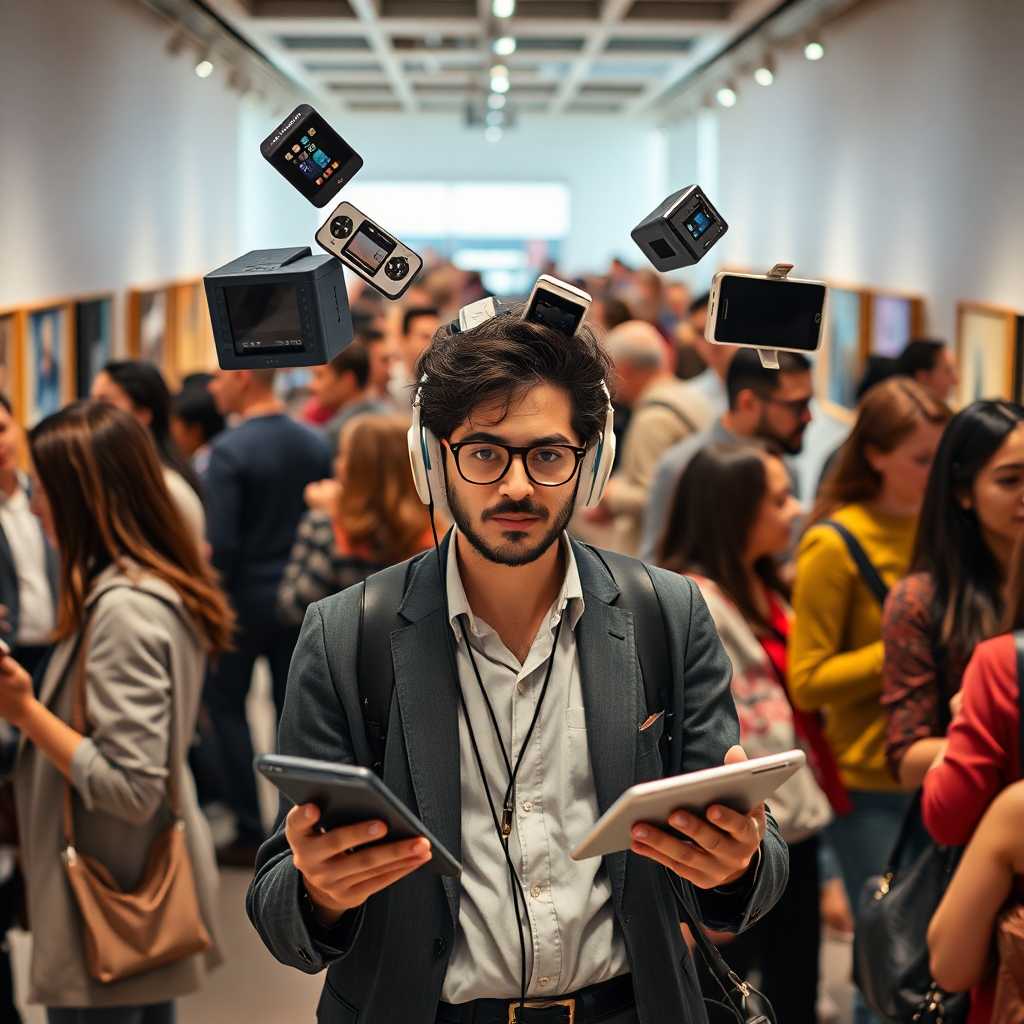 A bustling gallery with a curator juggling communication devices