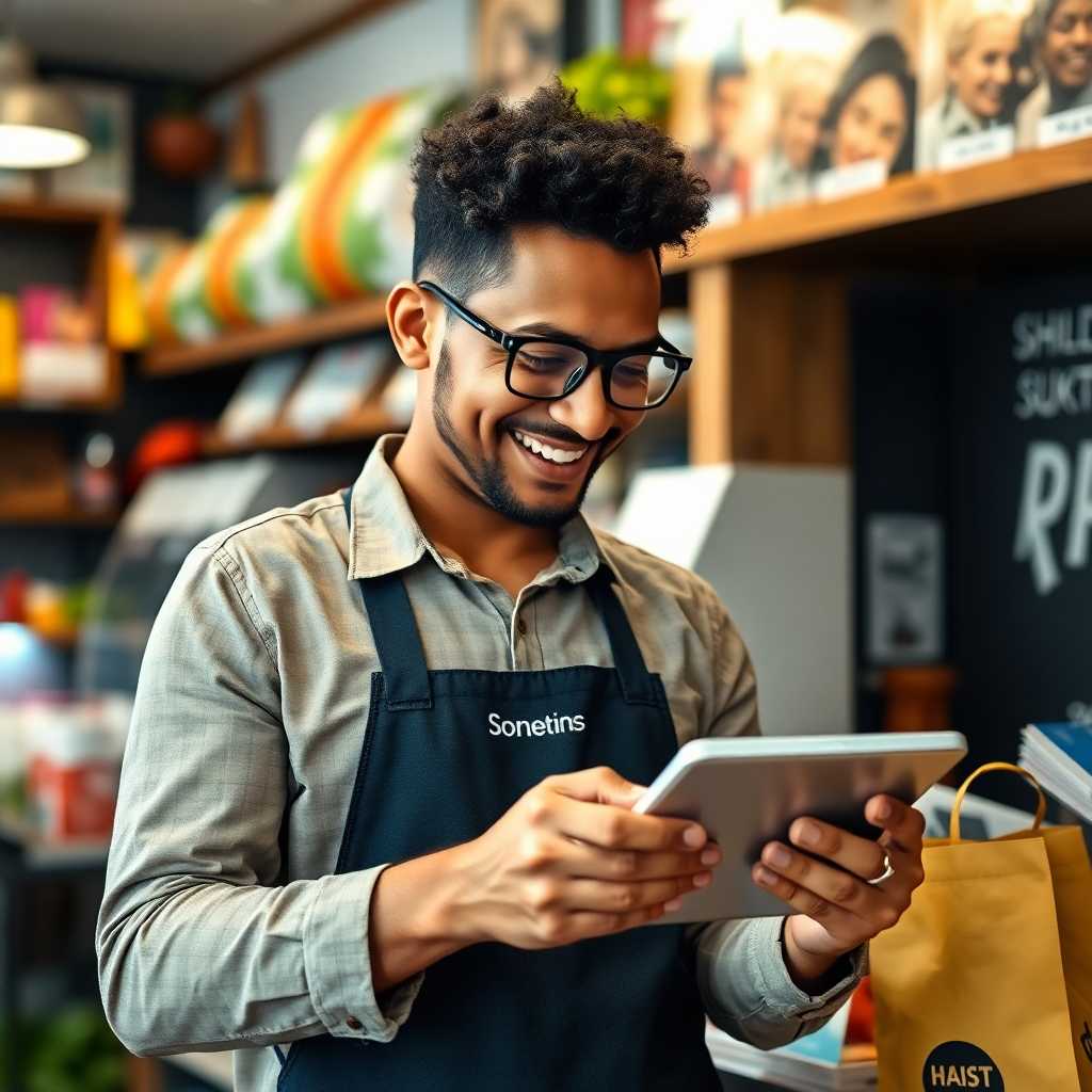 A happy shop owner checking texts on a tablet
