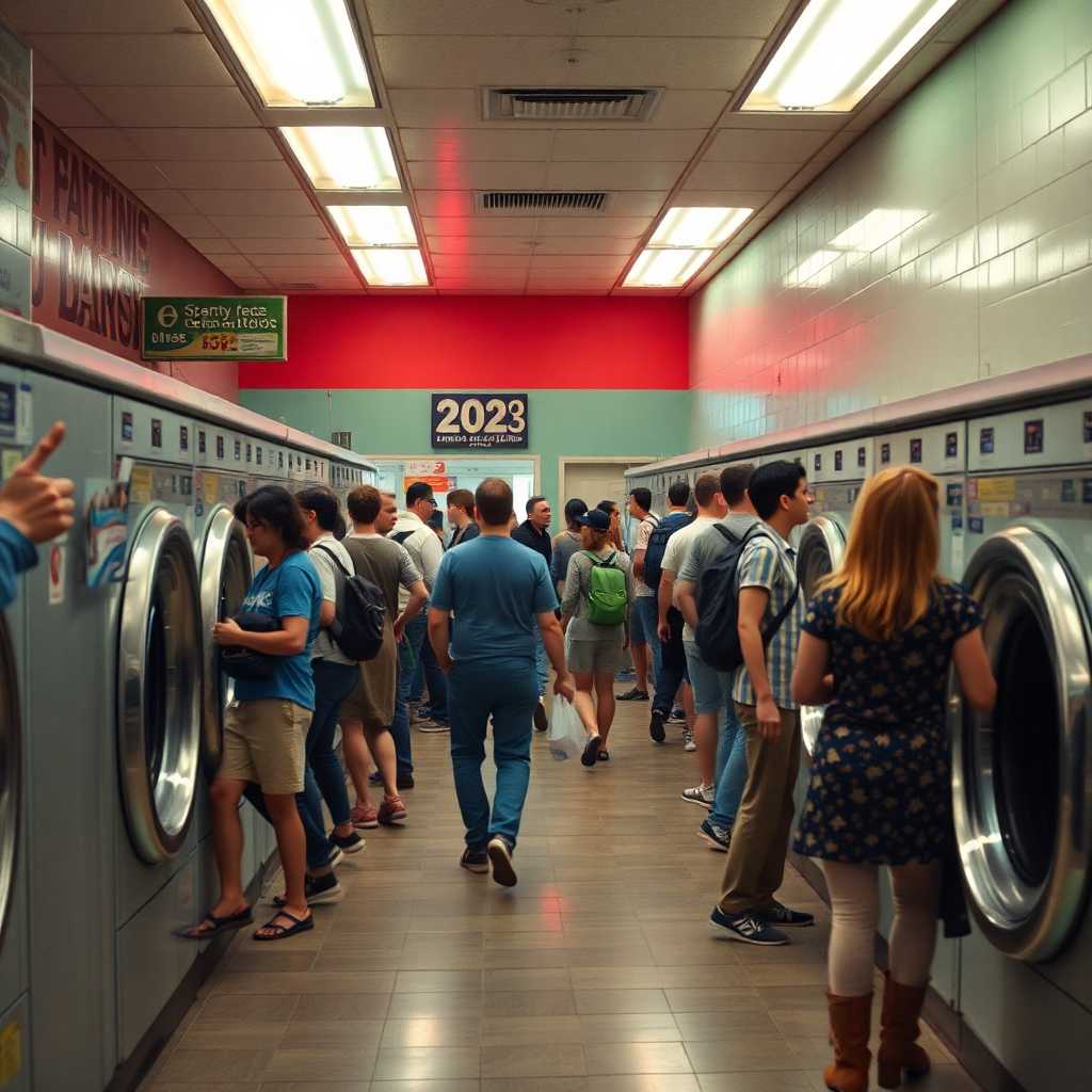A busy laundromat during peak hours