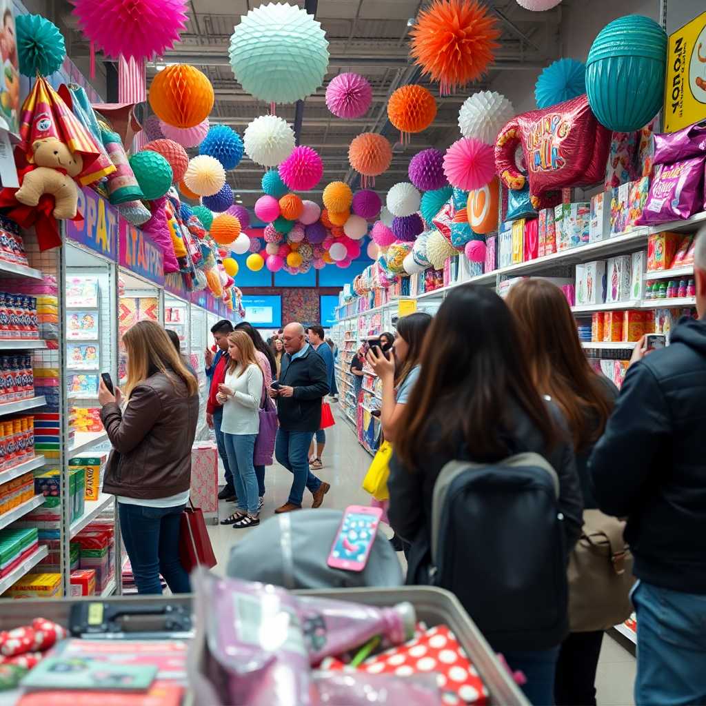 Customers browsing a busy party supply store with their smartphones.