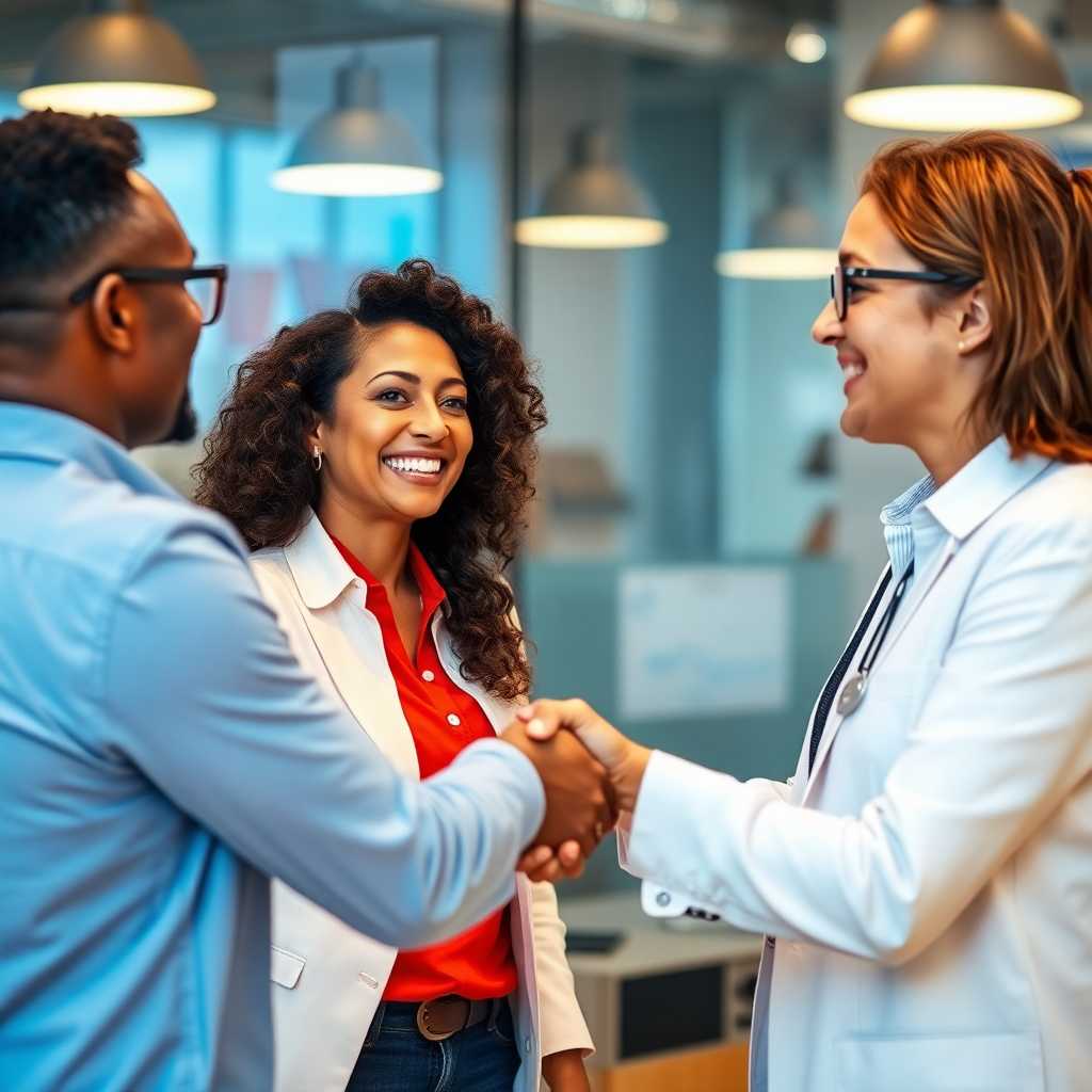 A delighted customer shakes hands with a consultant in a positive feedback scenario.