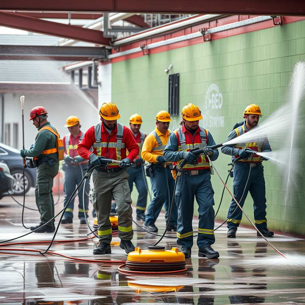 A diverse team of power washing professionals with various equipment, cleaning different surfaces.