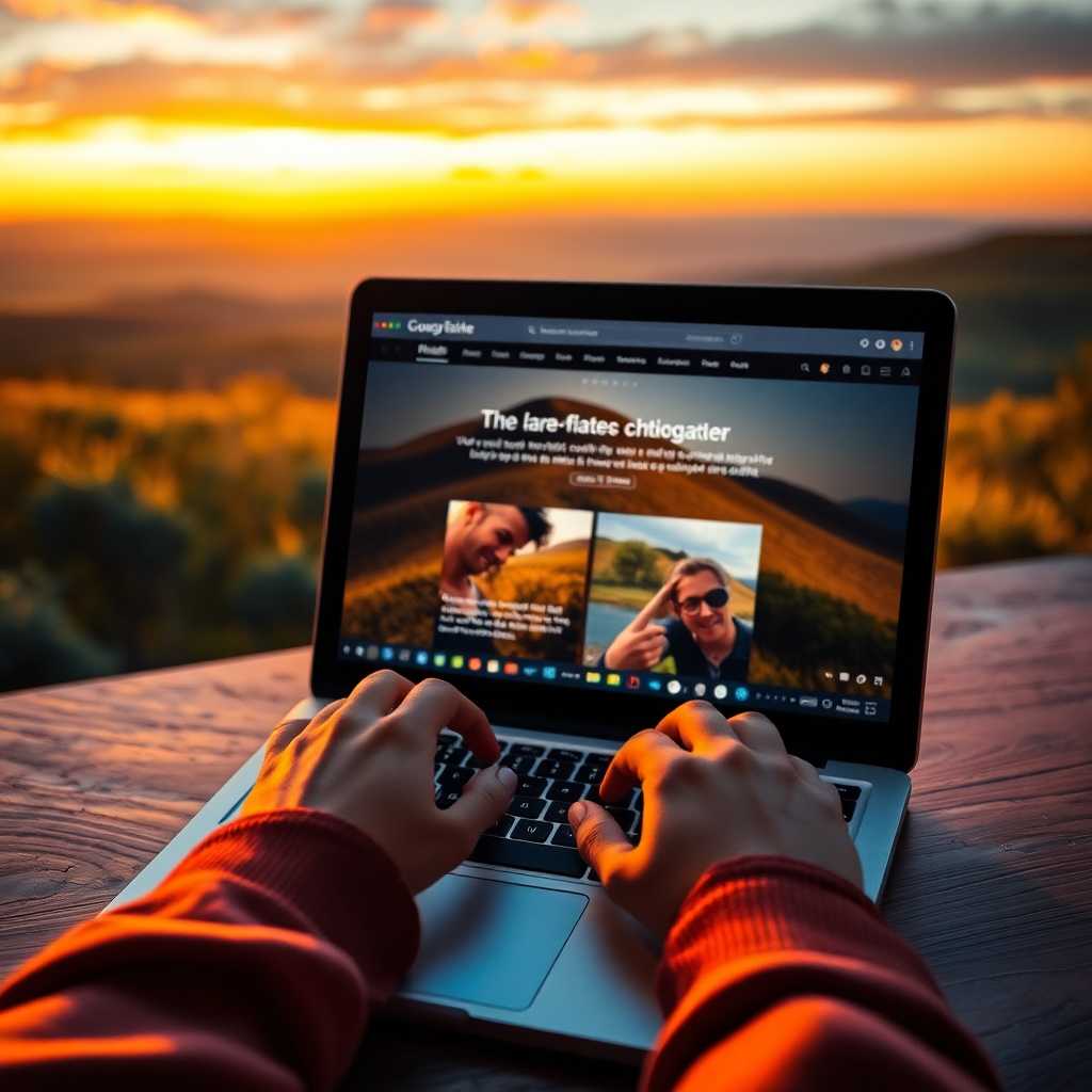 Hands typing on a laptop with a landscape lighting website open