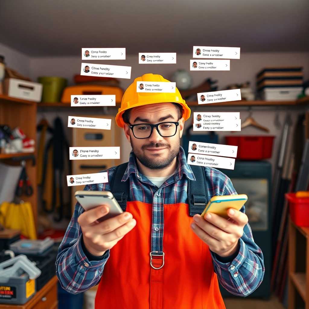 An overwhelmed handyman receiving multiple text inquiries