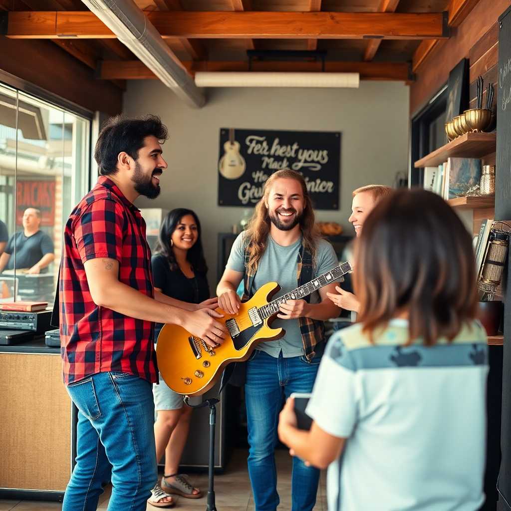 Enthusiastic customers picking up rented music equipment from a friendly staff member.