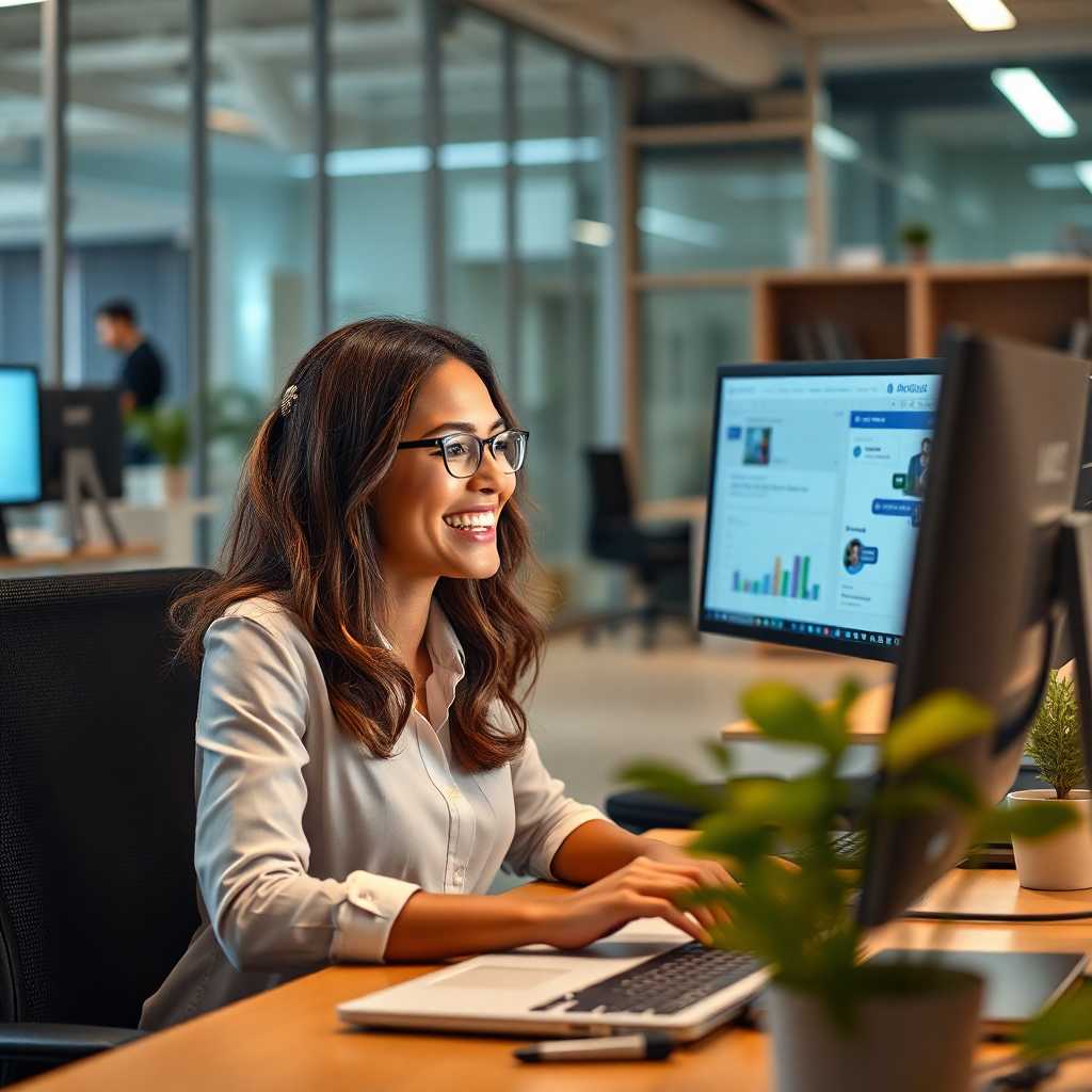 Employee happily accessing SMS portal on desktop