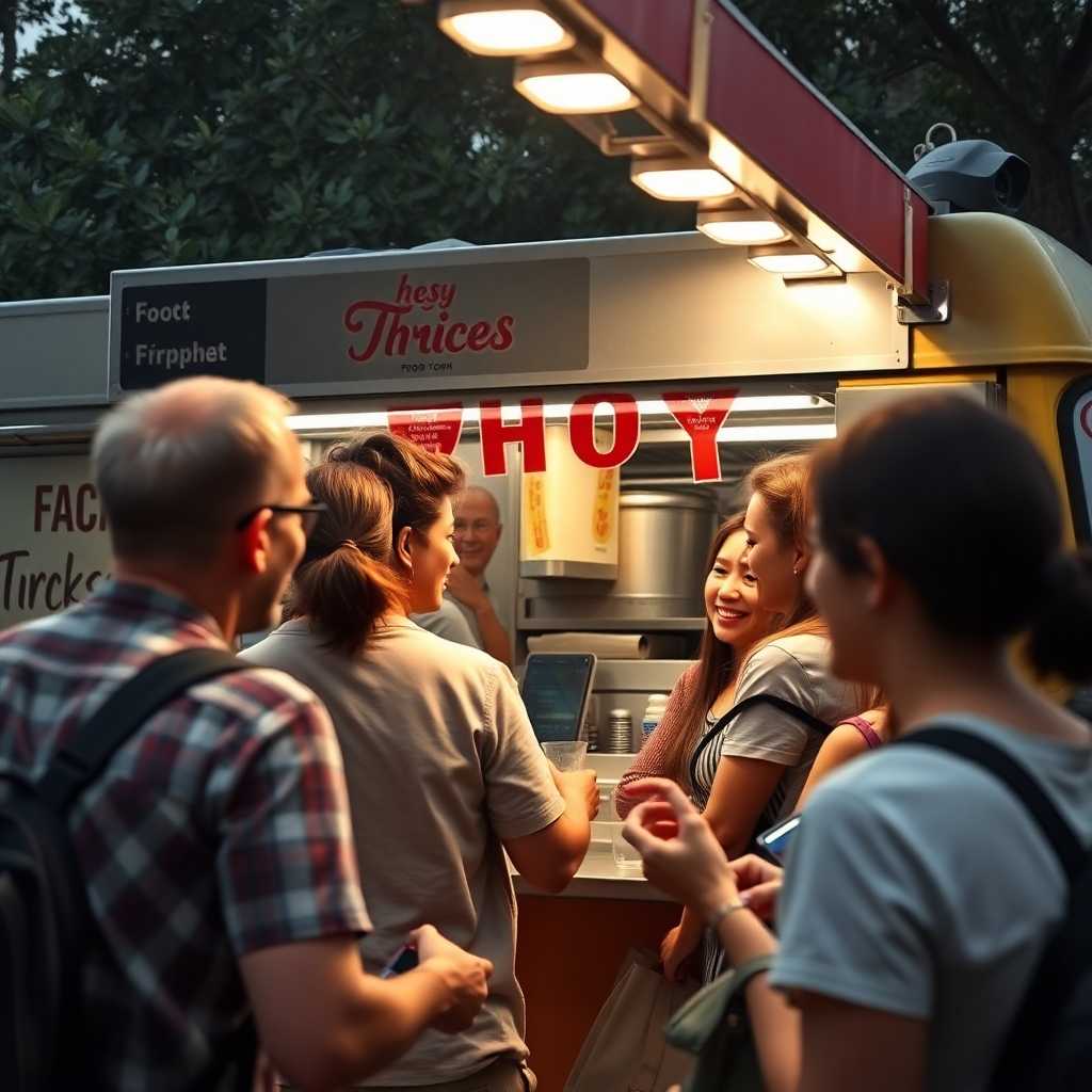 A captivating call-to-action featuring bustling food truck scene with happy customers