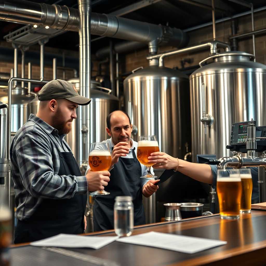 Brewers engaging in quality beer brewing, surrounded by inquiries managed via TextSupport.