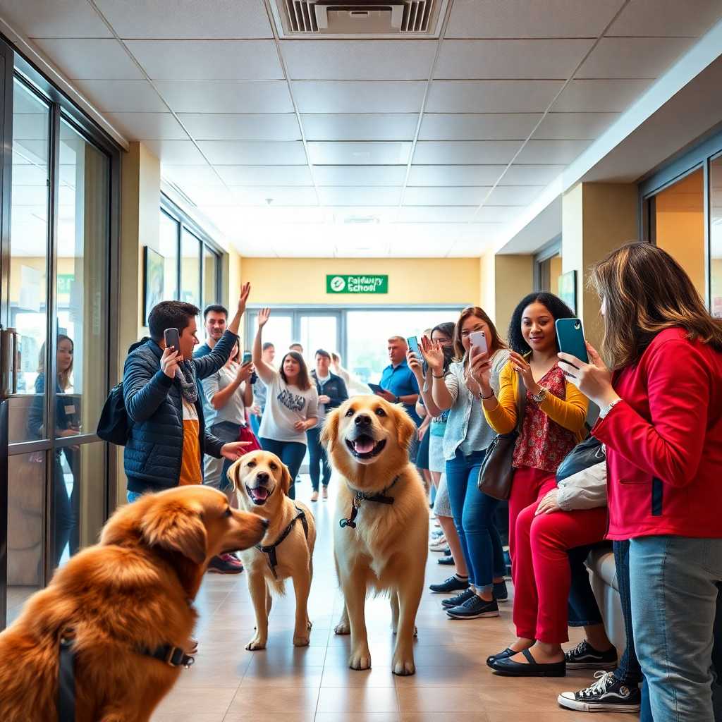 A bustling dog obedience school lobby with clients waving mobile phones.