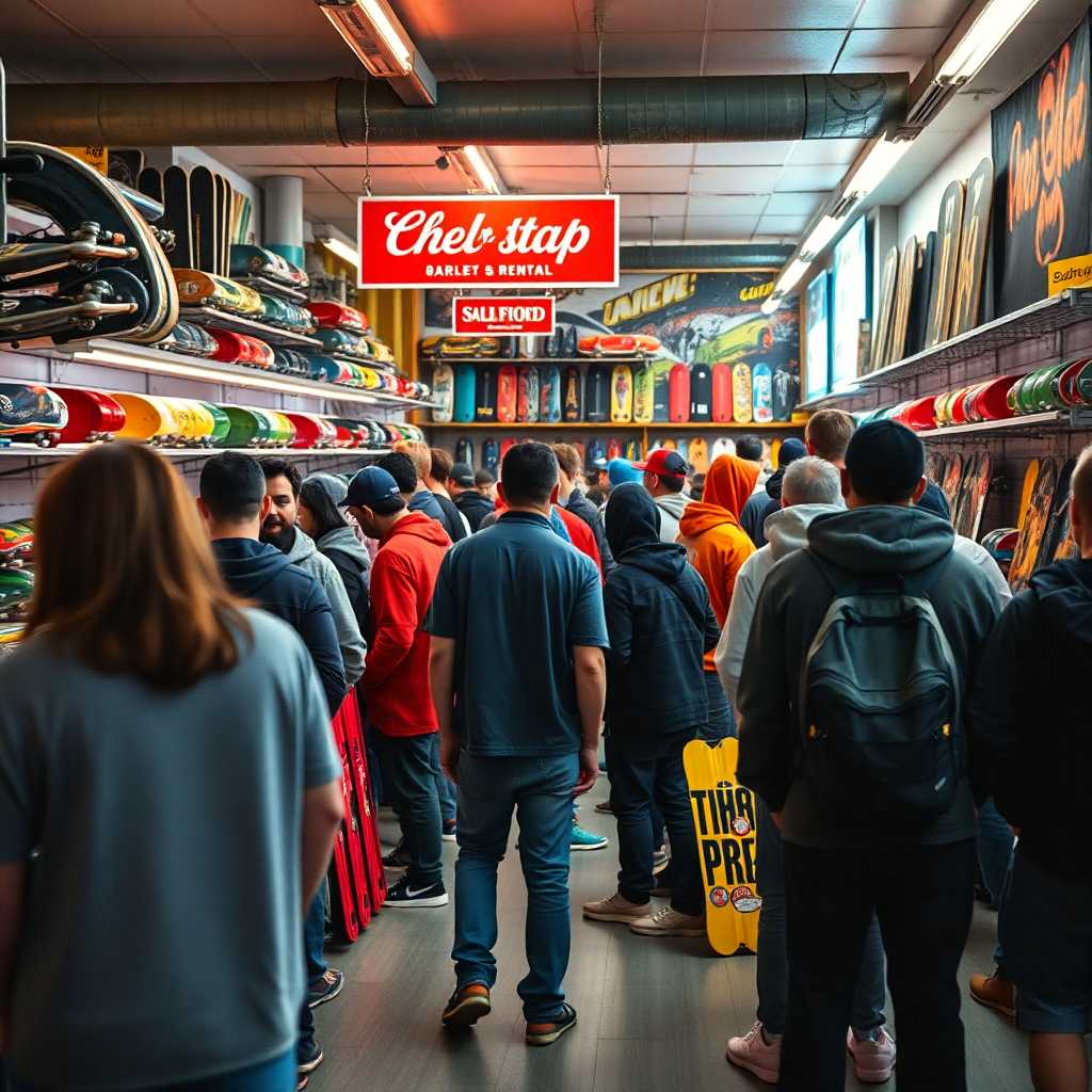 A packed skate rental shop with customers lining up