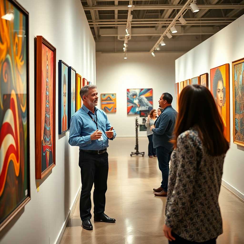 Art gallery owner discussing automation benefits with a team.