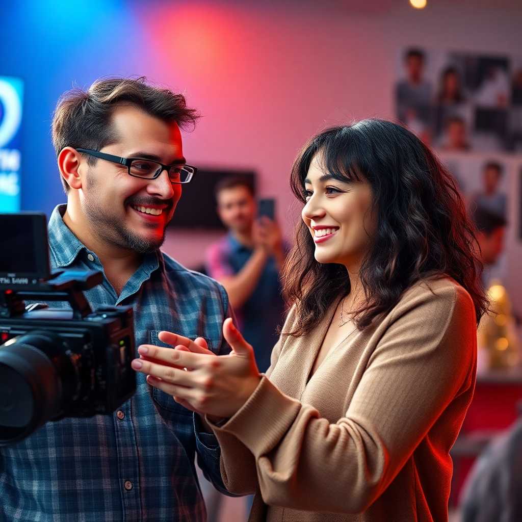 A happy client and videographer reviewing edited film together