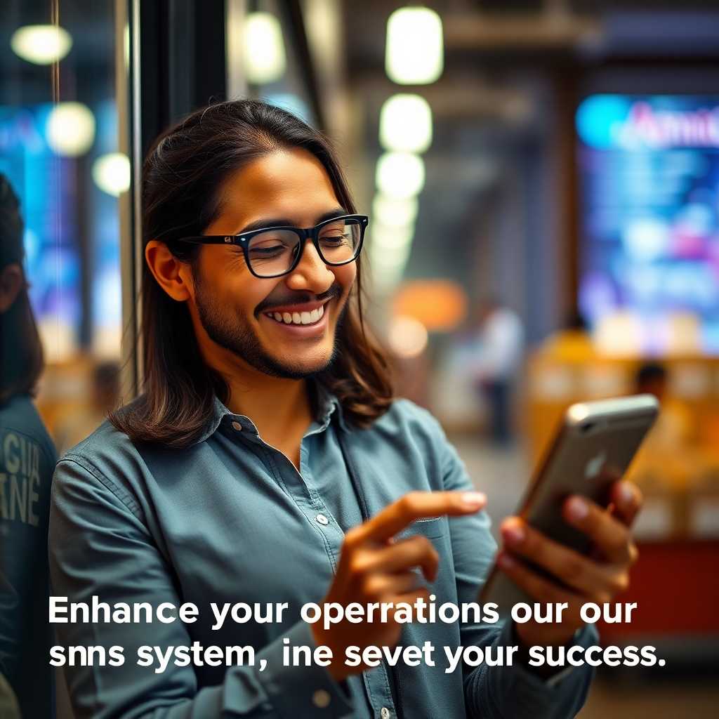 A smiling business owner checking a mobile device. Caption: Enhance your operations with our intelligent SMS system—your secret to success!