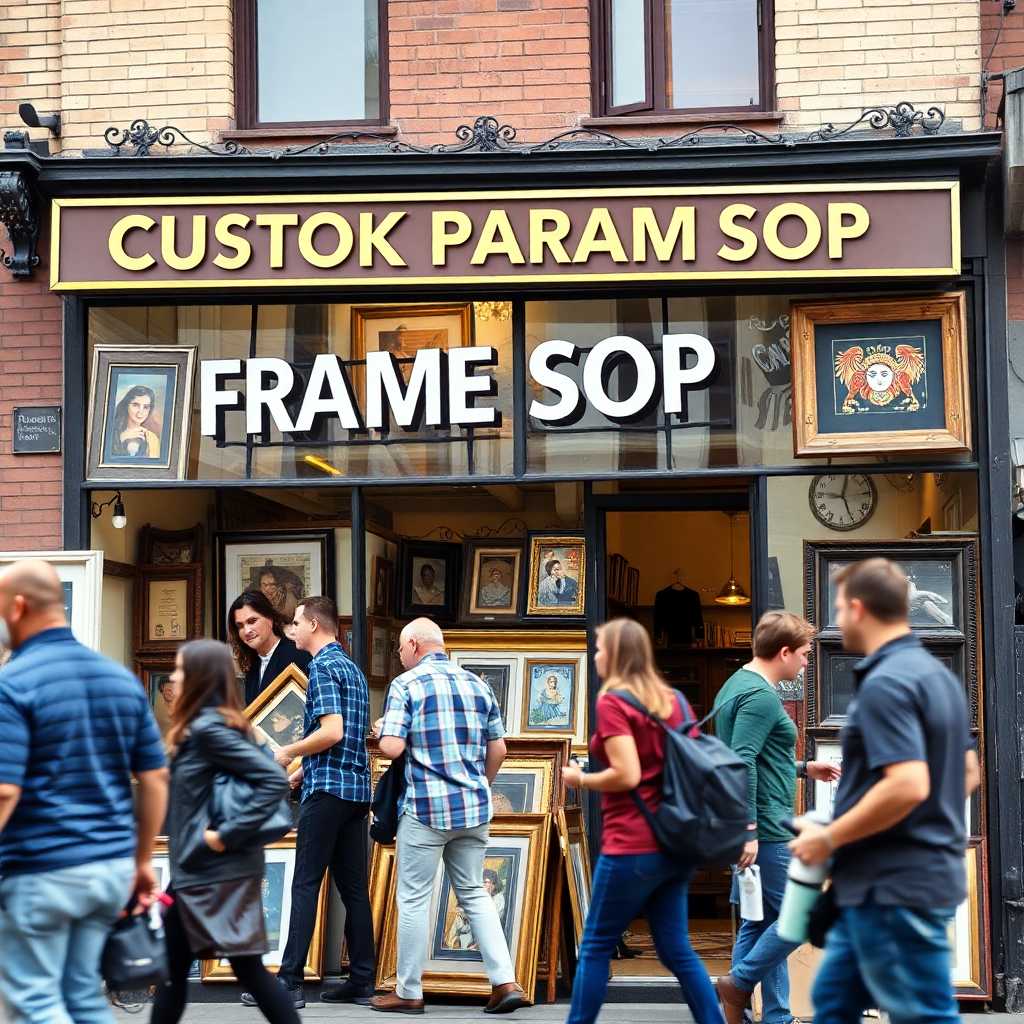 A depiction of a busy custom frame shop storefront