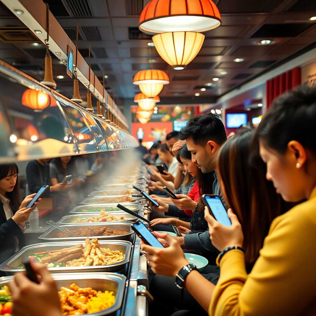 A busy buffet restaurant with smartphones buzzing 