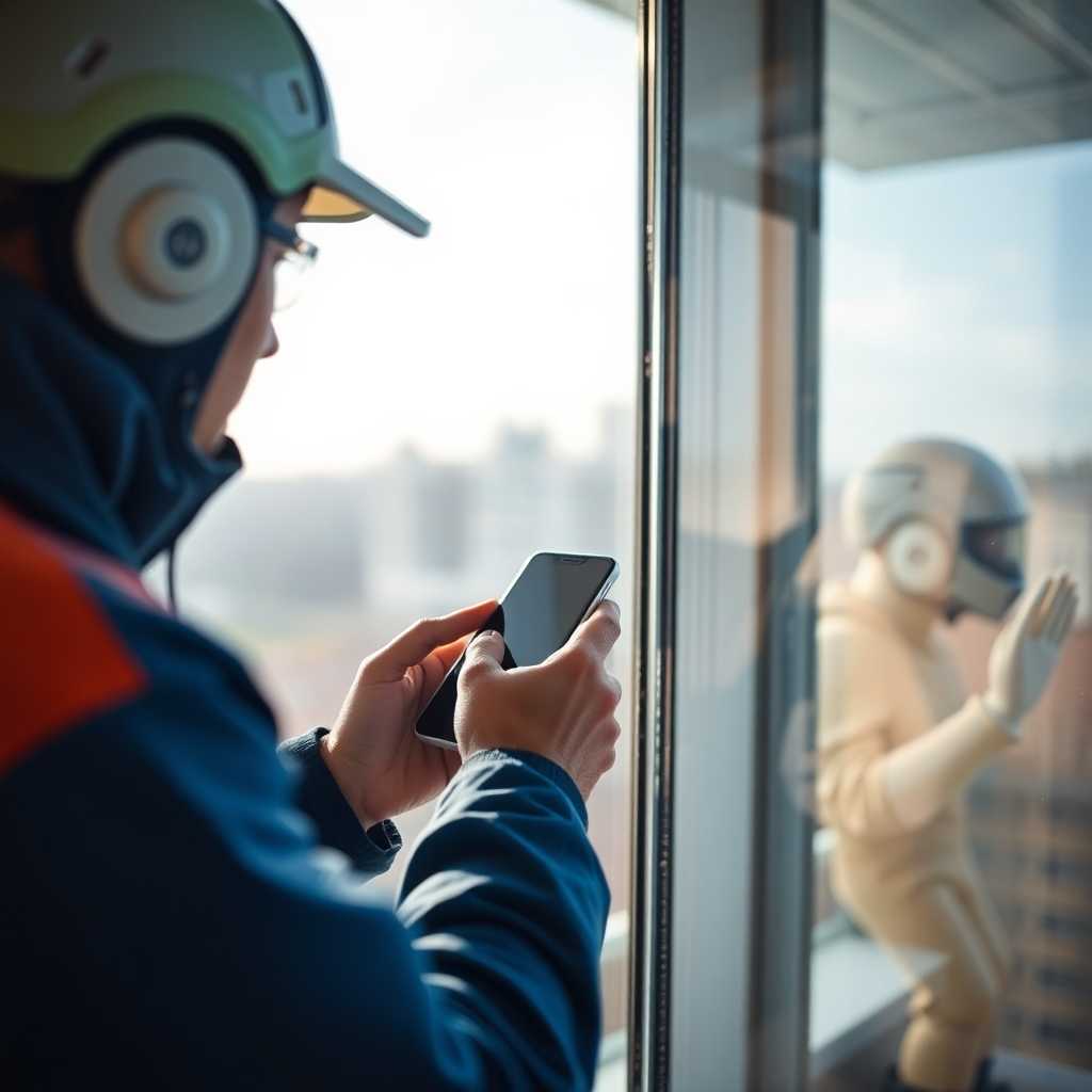 A window cleaning technician planning the day’s schedule with a smartphone.