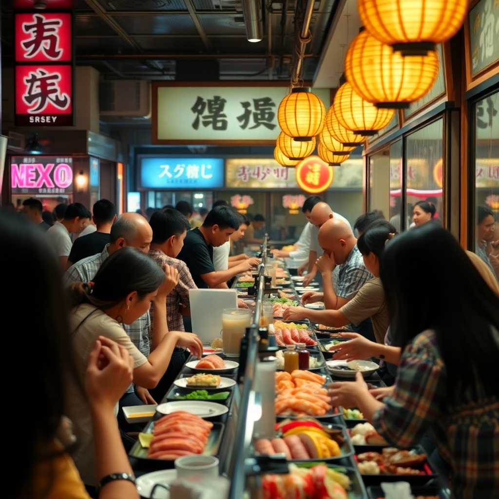 A crowded sushi bar during peak hours