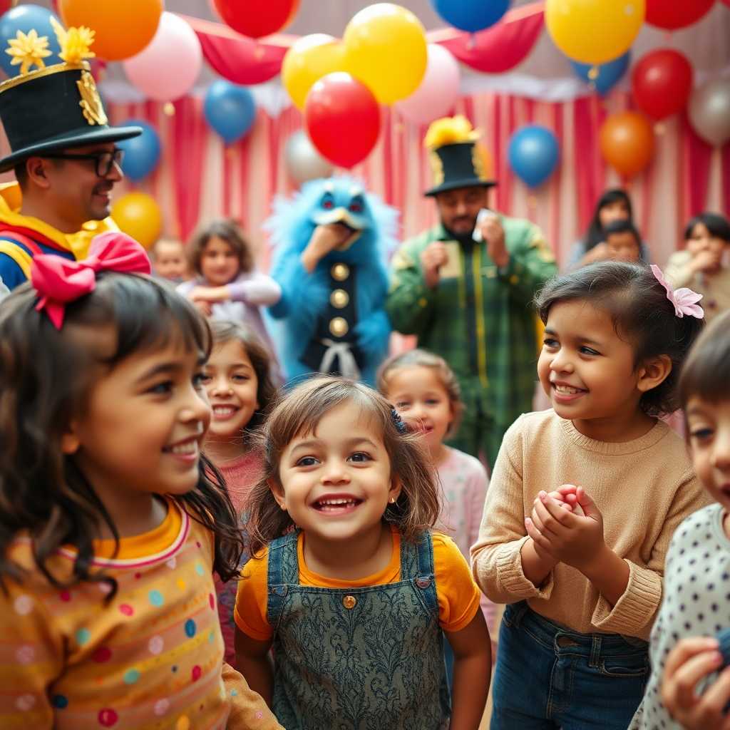 Smiling children at a party led by entertainers