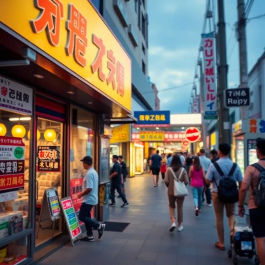 Busy storefront with texts overlay