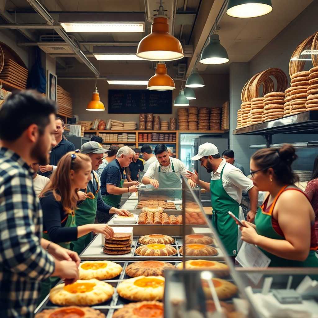A busy bakery with bustling customers and overwhelmed staff