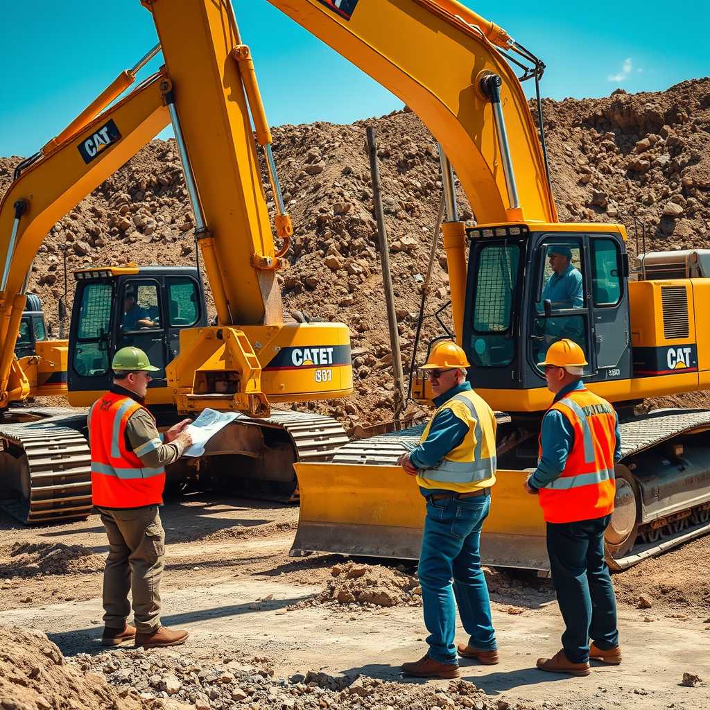 Heavy machinery on a construction site, with operators and engineers discussing excavation plans