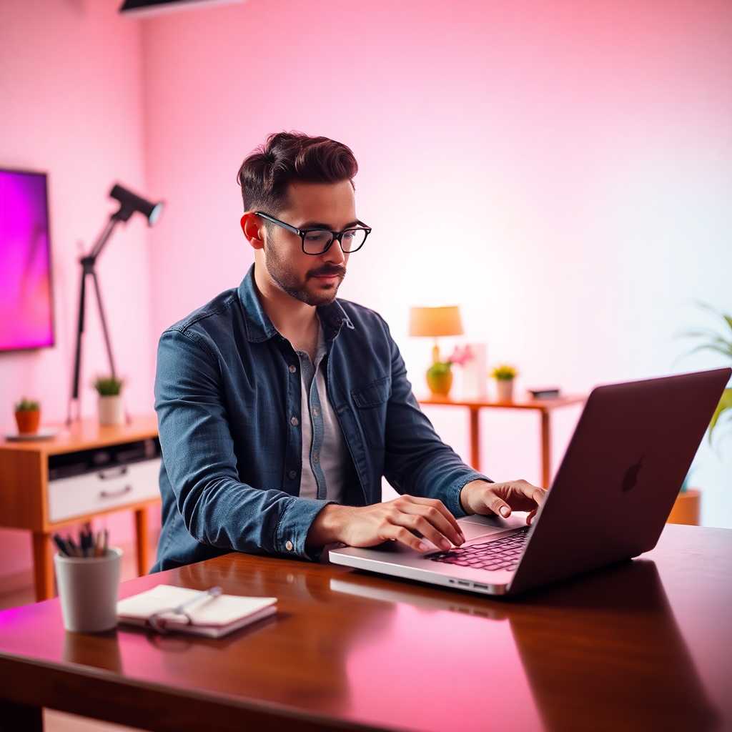 Studio owner using a laptop to manage SMS inquiries