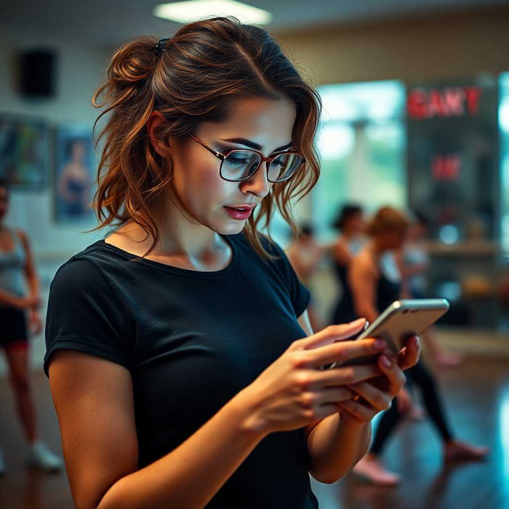 Dance Studio Owner overwhelmed with texts on her phone.