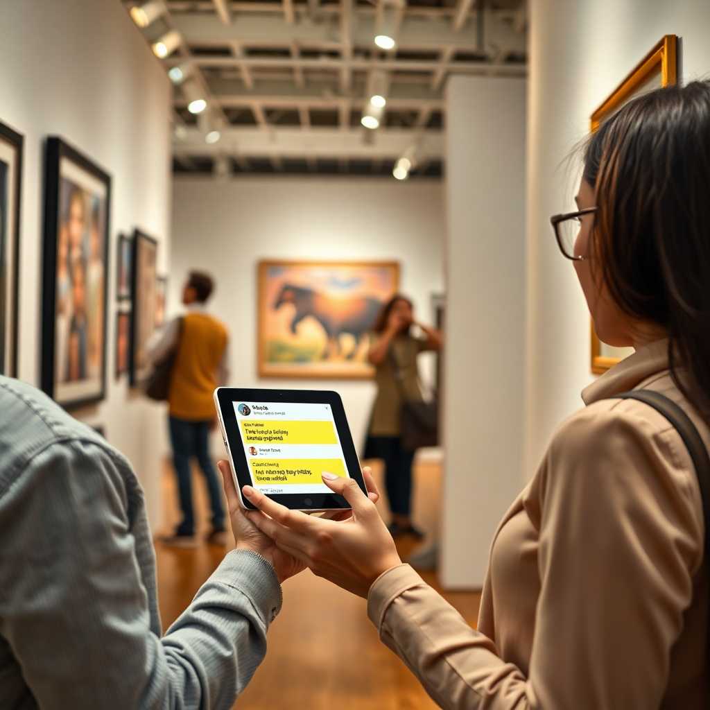 Art gallery owner receiving multilingual messages on a tablet