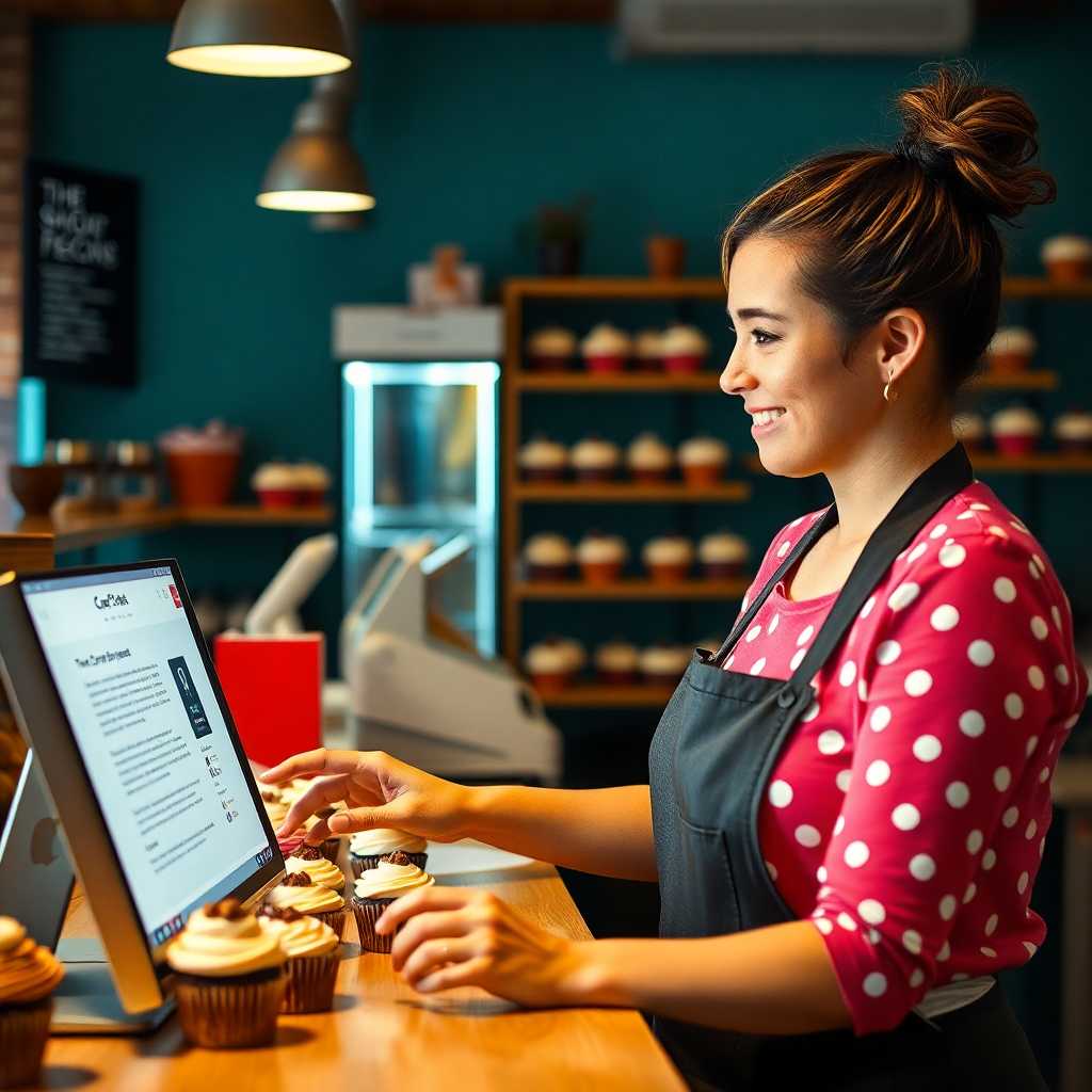 Cupcake Shop owner utilizing TextSupport Sales PRO interface on a computer