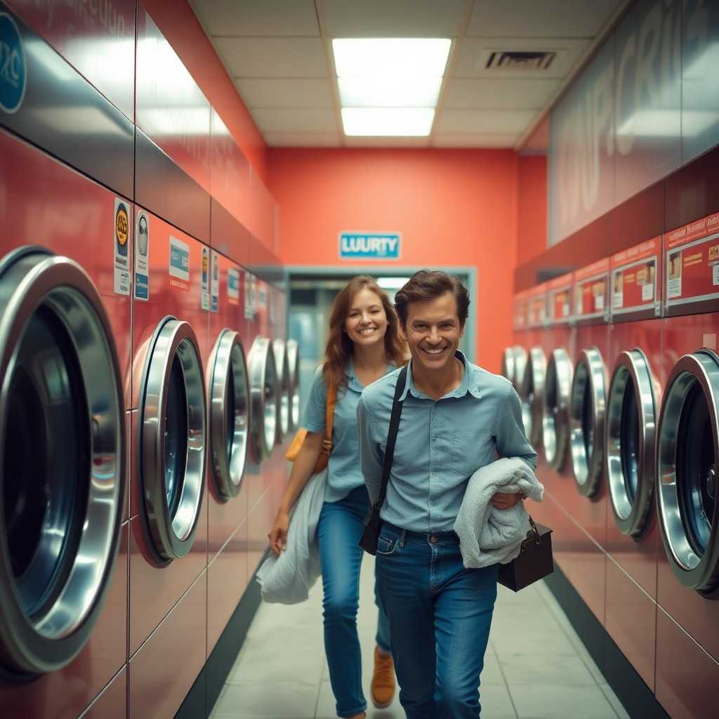 Satisfied customer leaving a Laundromat with clean laundry
