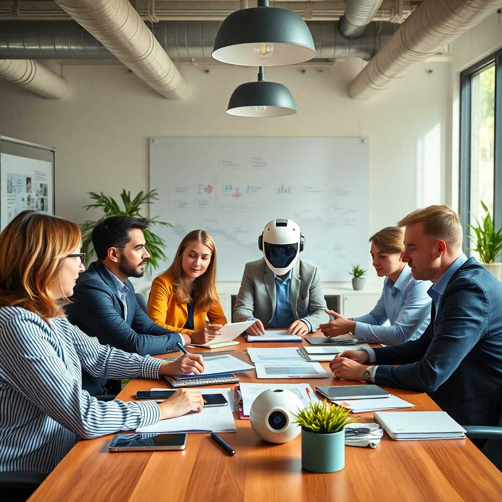 Image of a team meeting where business owners plan out their advertising strategies with multitasking while a chatbot resolves their inquiries.