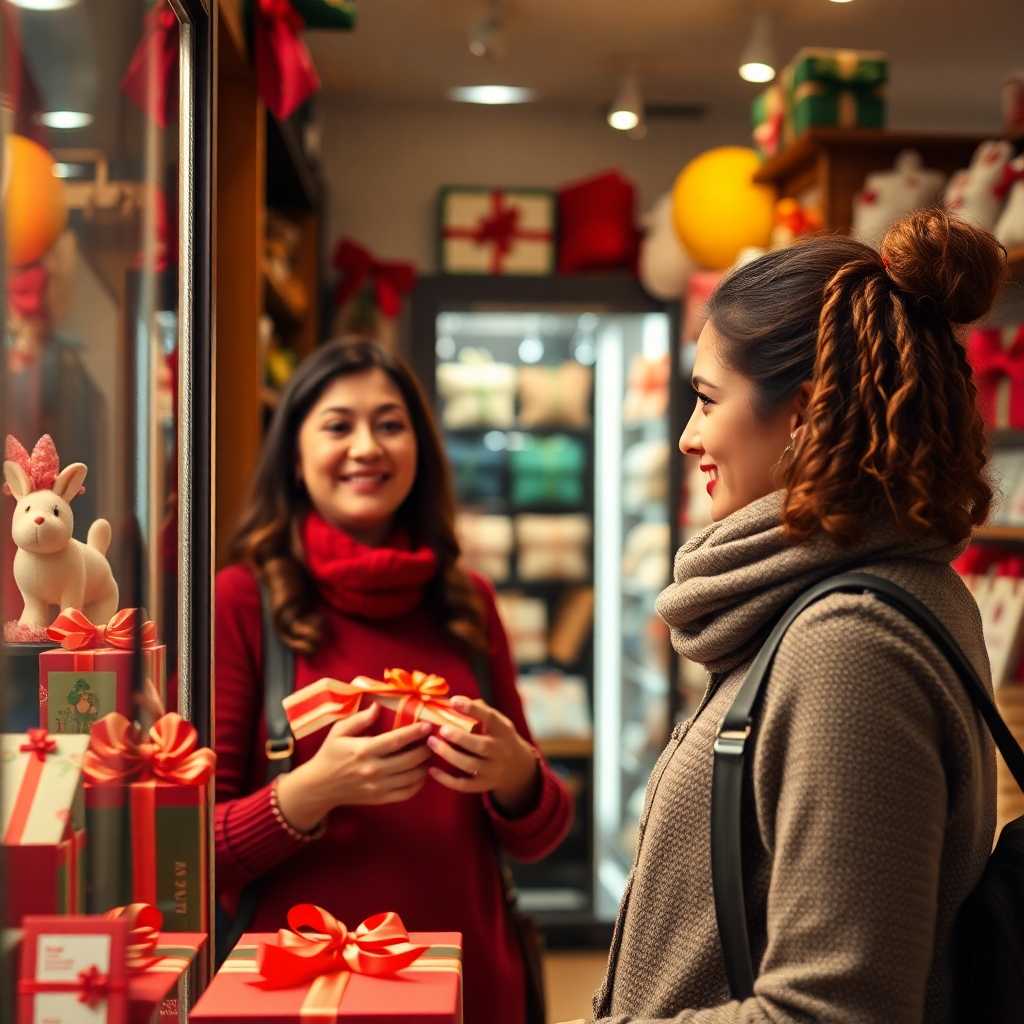 Gift shop owner gladly viewing seamless text interactions