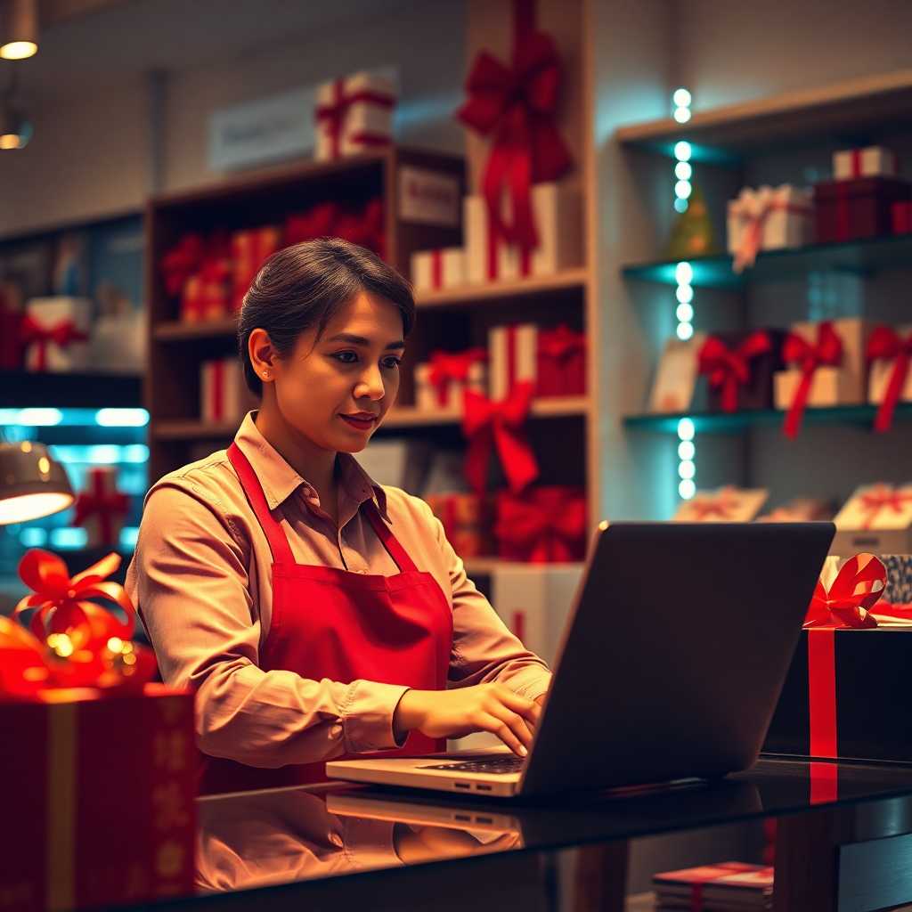 Gift shop manager using the TextSupport Sales PRO on a laptop