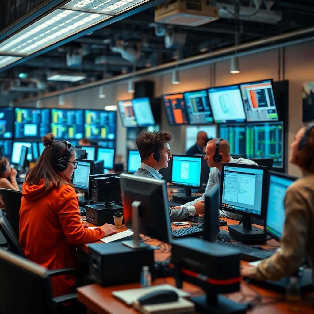 A busy communication station equipped with modern tools for handling multiple customer interactions
