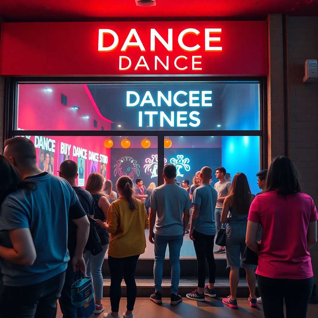 Customers queuing outside a lively dance fitness studio