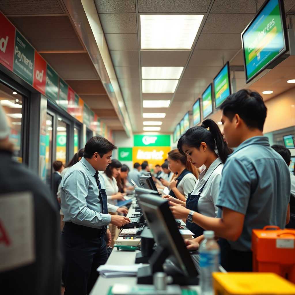 Busy payment processing center with staff working diligently