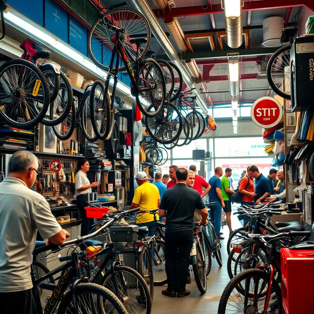 A busy bike repair shop bustling with customers