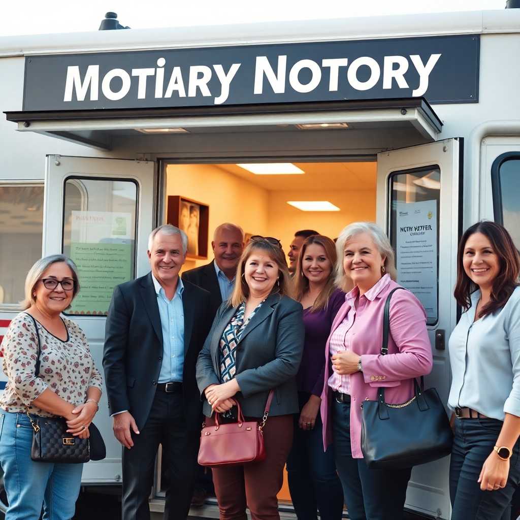 A group of satisfied clients gathered outside a mobile notary office.