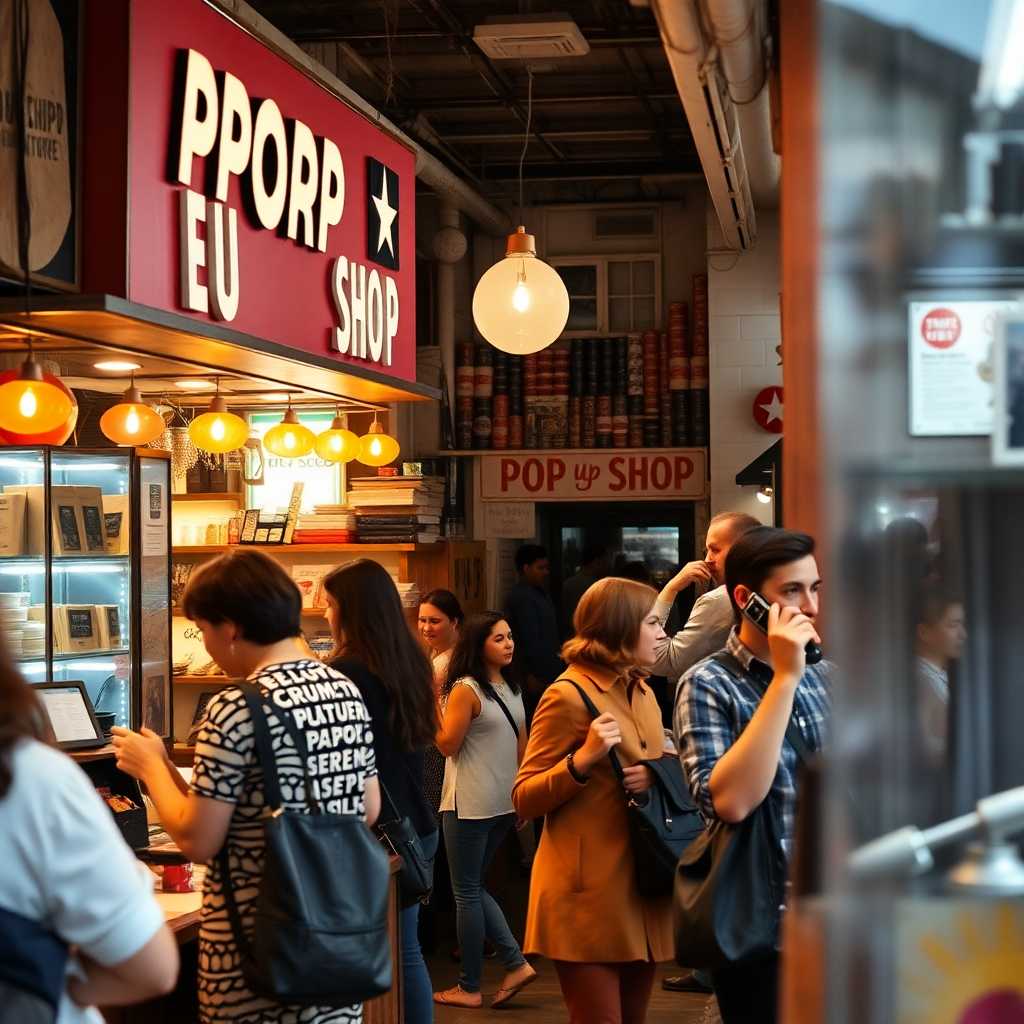 A bustling pop-up shop with customers and phones ringing