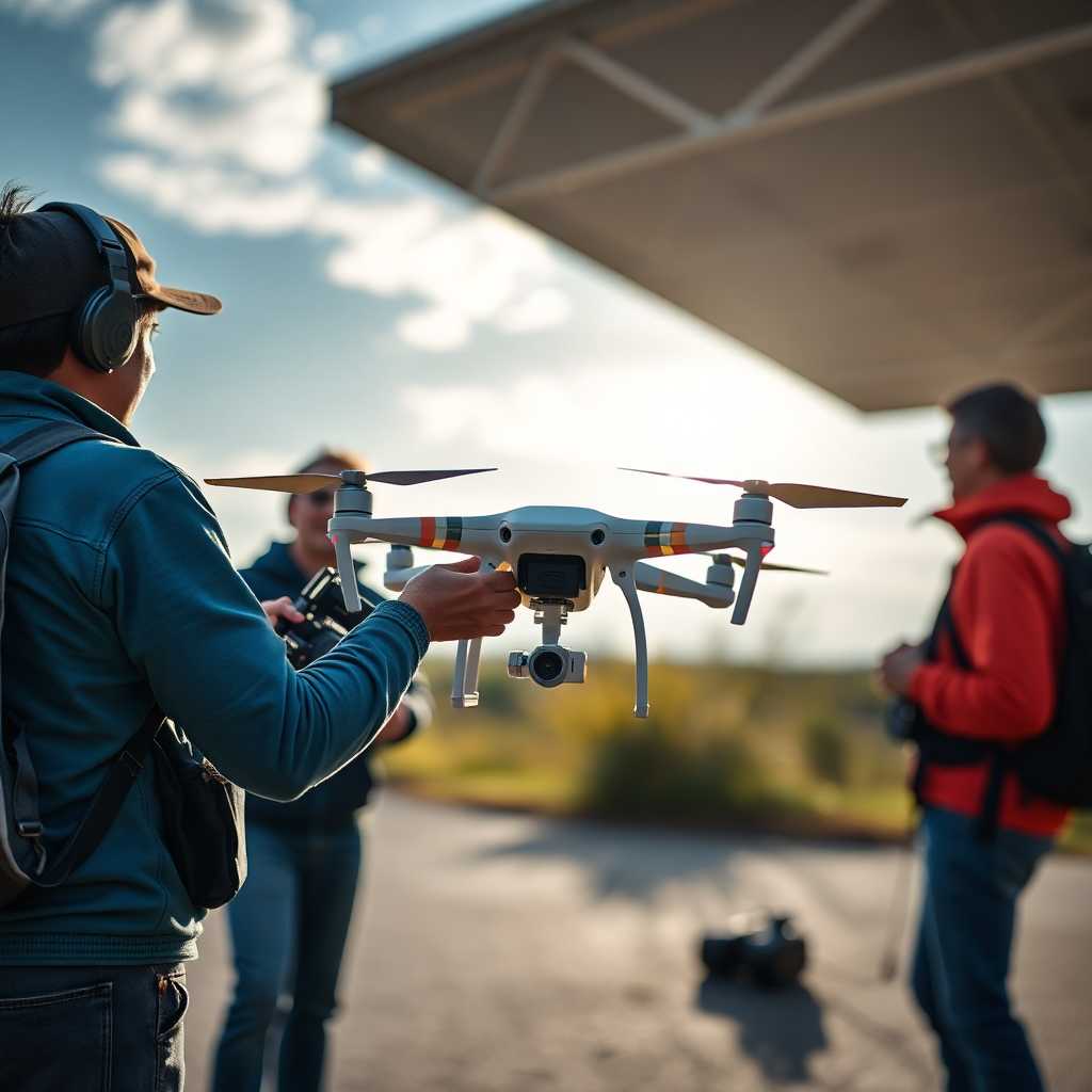 Friendly drone photography team setting up their drone