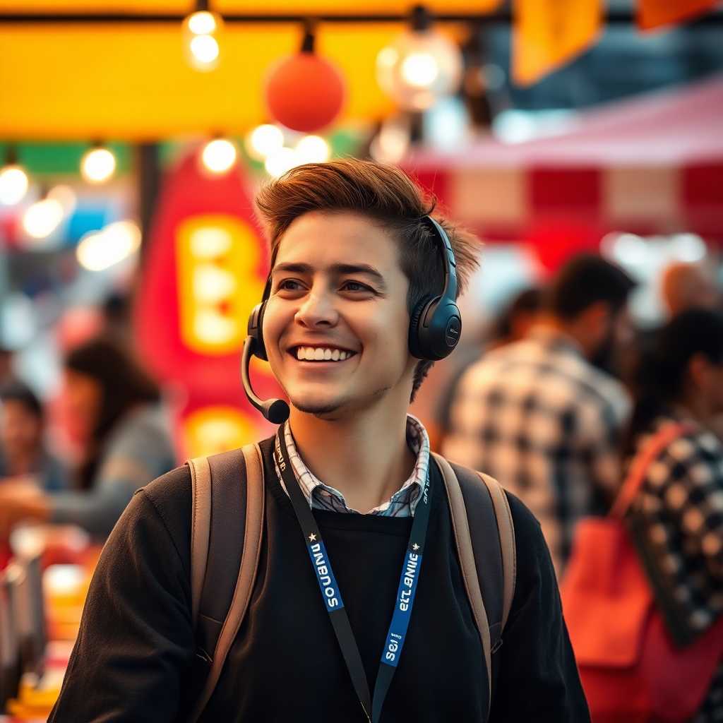 A smiling vendor talking into a headset, ready to communicate.