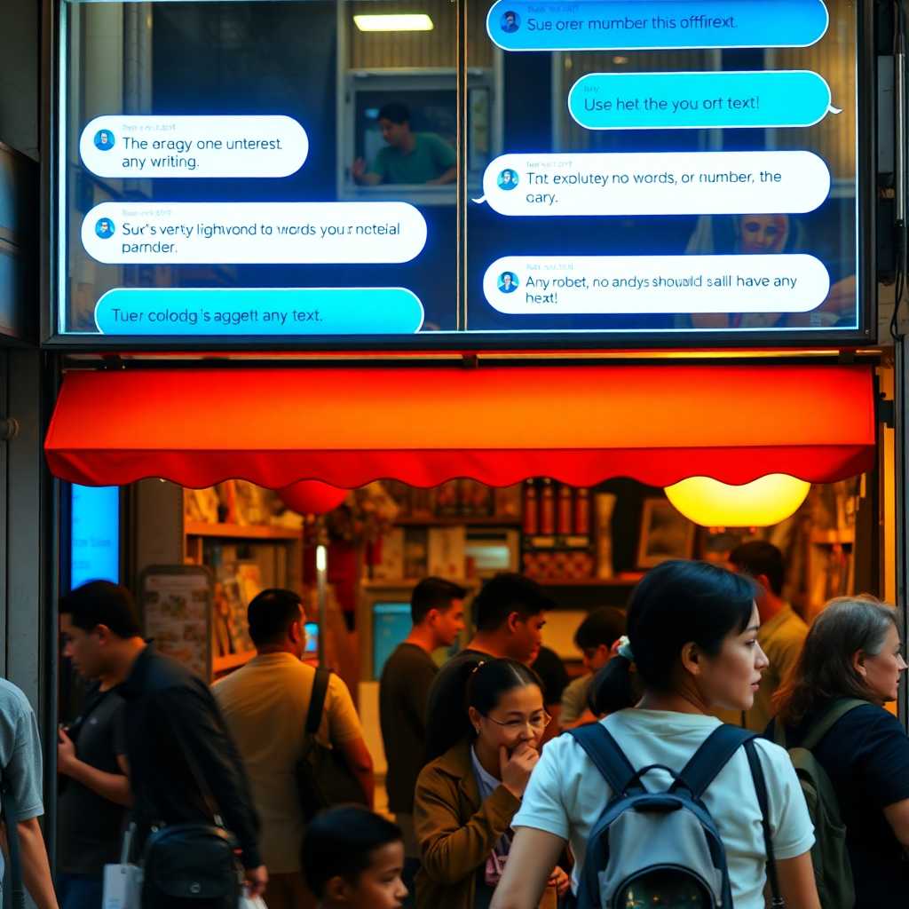 Busy storefront with customers’ text messages appearing above