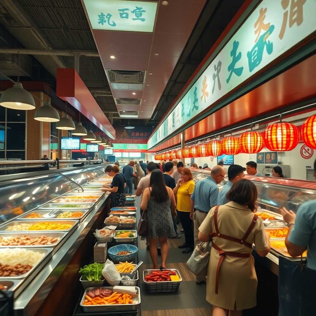 A bustling buffet restaurant during peak hours