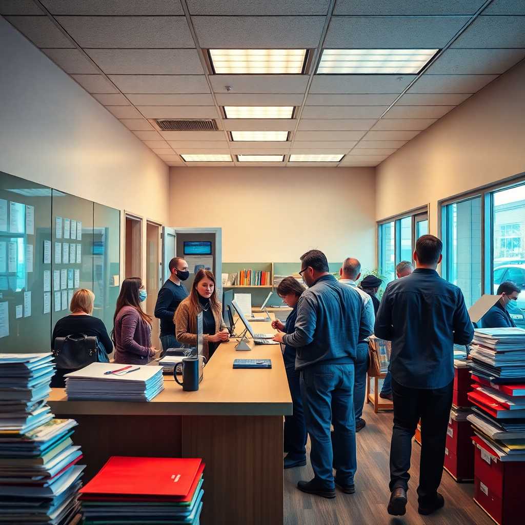 A bustling shredding service office depicting multiple clients at reception
