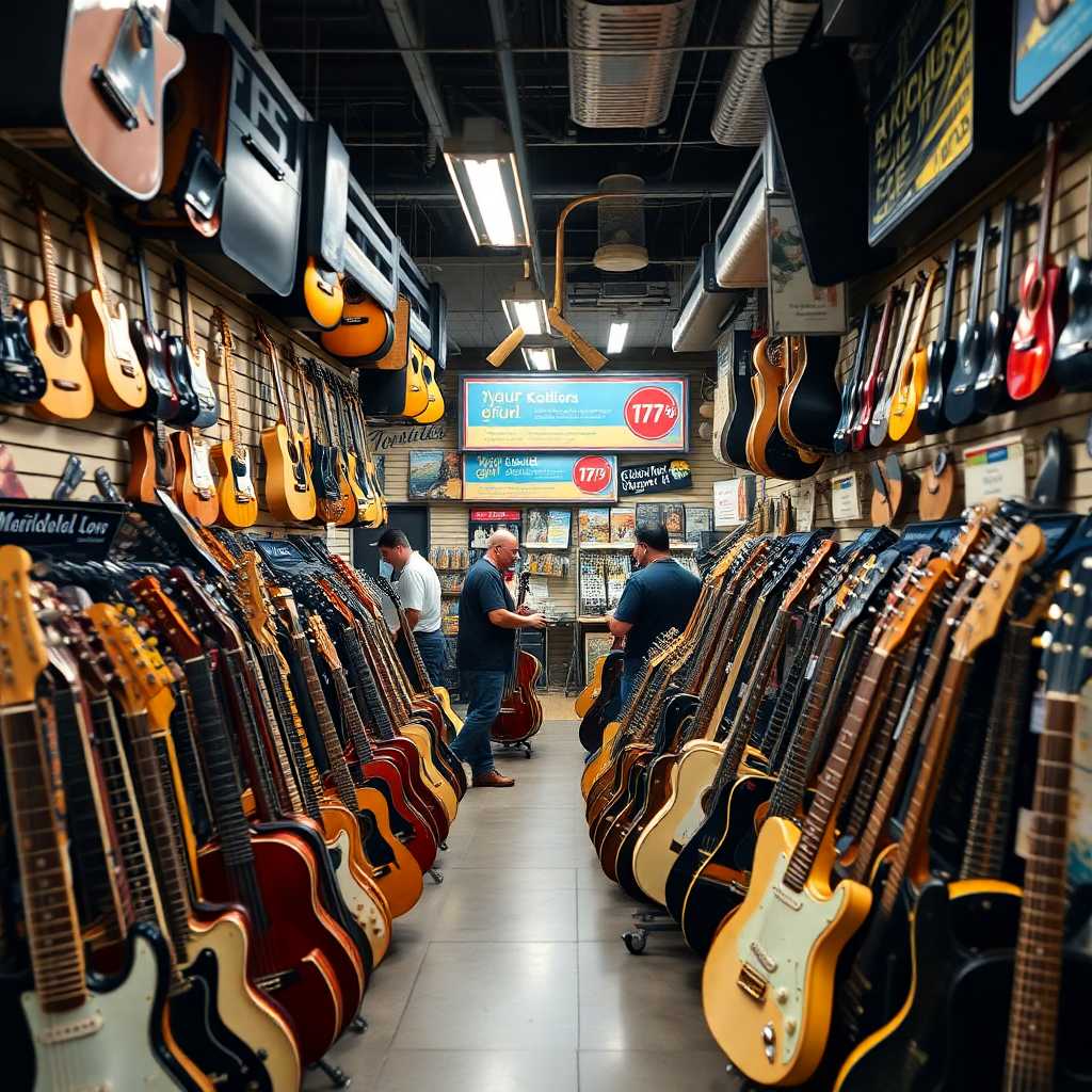 A busy music rental store filled with instruments and bustling staff.