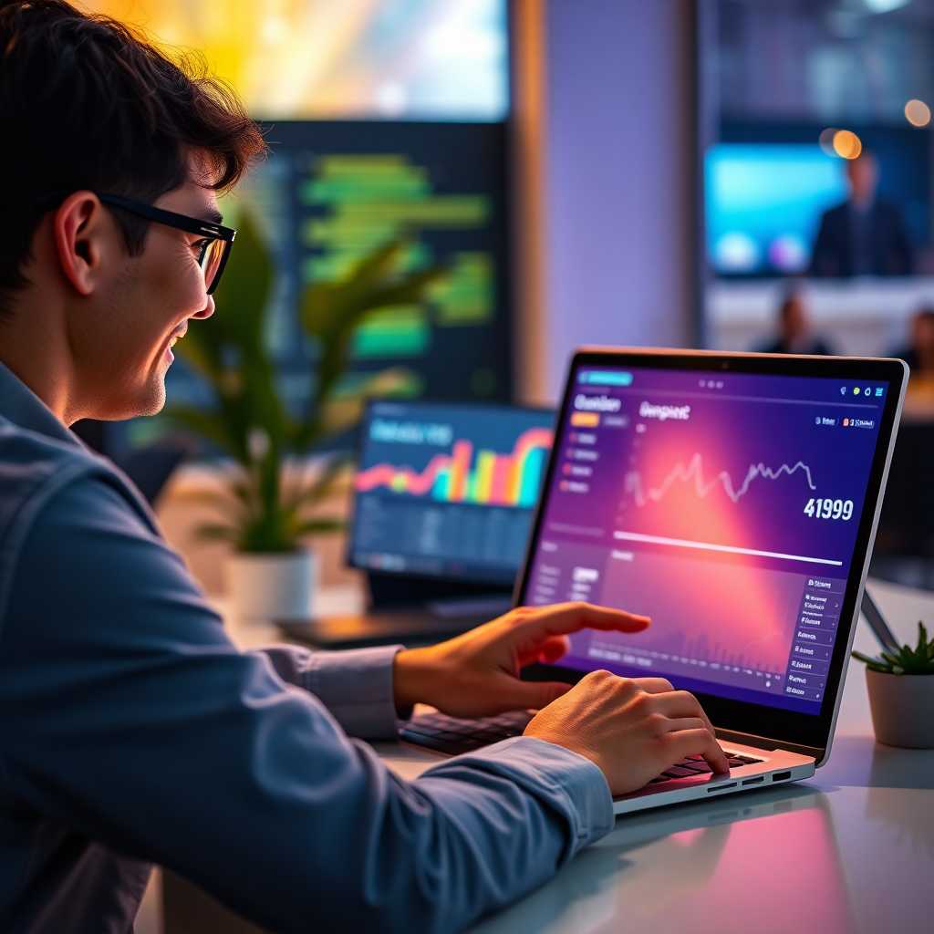 Person interacting with dashboard via laptop, showing satisfied expression