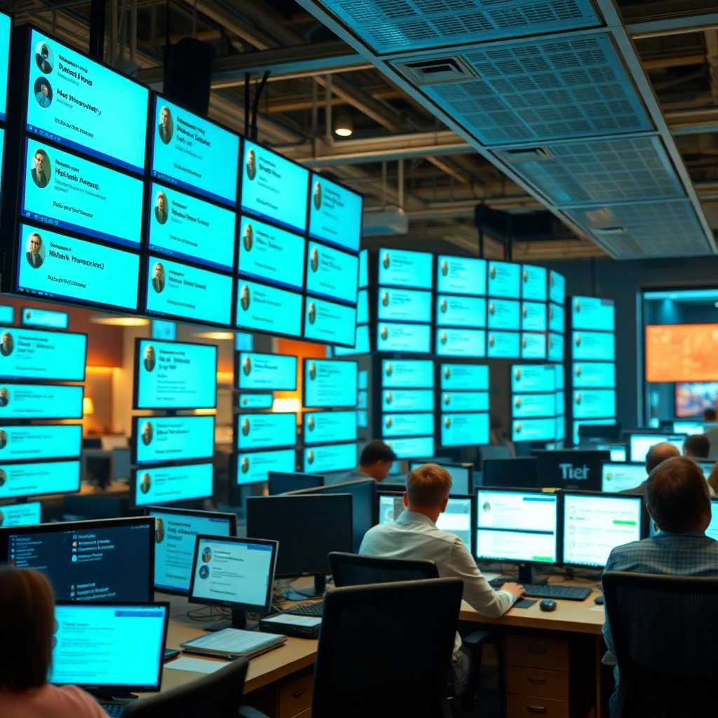 A bustling office scene with digital screens showcasing numerous incoming messages.