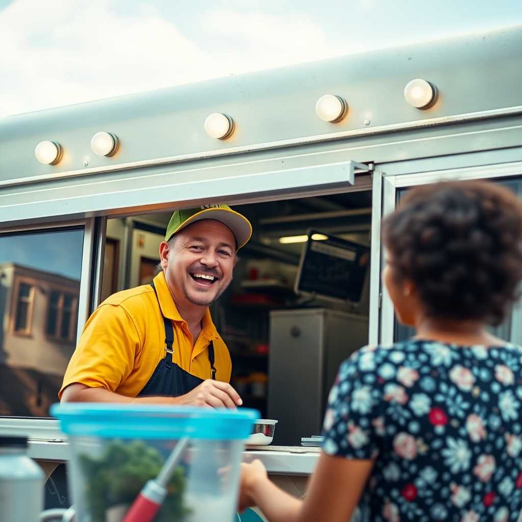 Happy food truck owner with a delighted customer