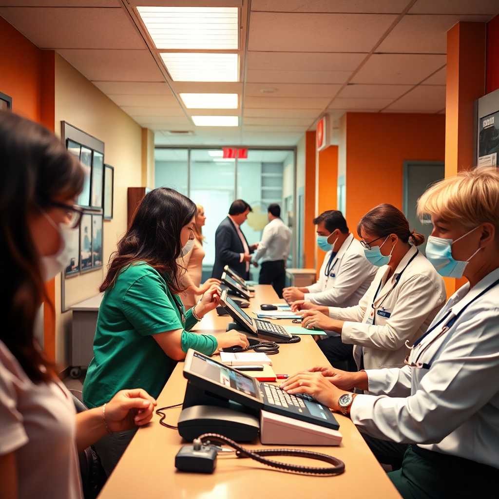 A busy clinic front desk with phones and customers.